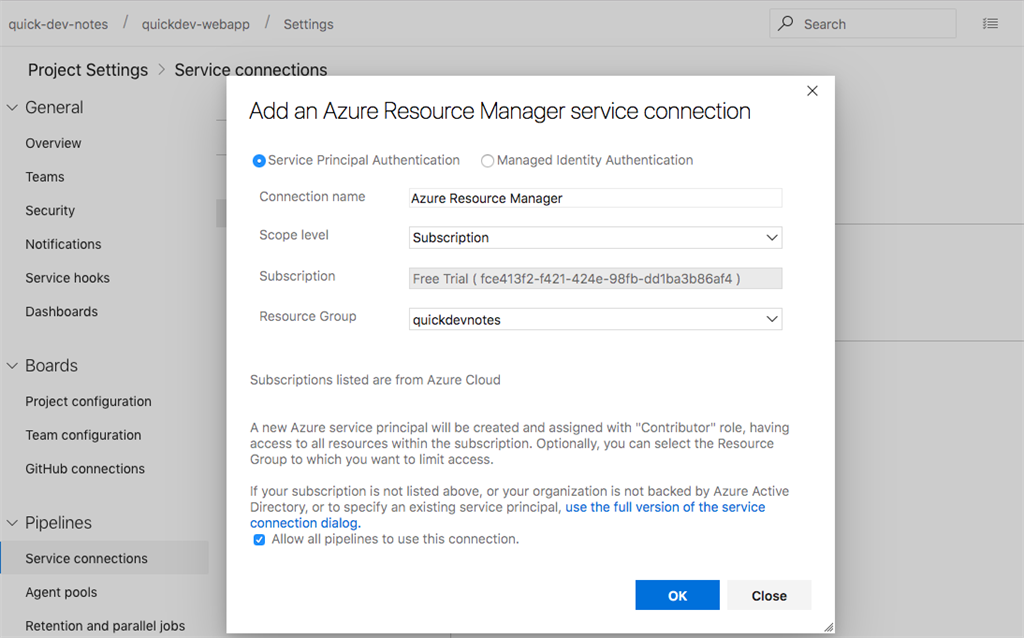 Add Service Connection for Azure Resources